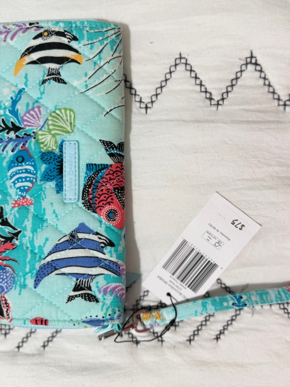 Vera Bradley Turquoise Quilted Wristlet with Colorful Fish Print